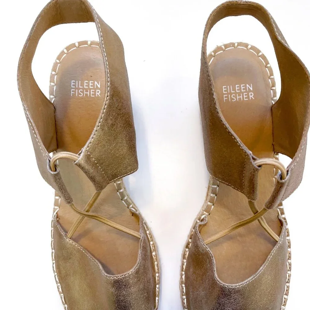 Eileen Fisher Metallic Gold Espadrille Wedge Sandals